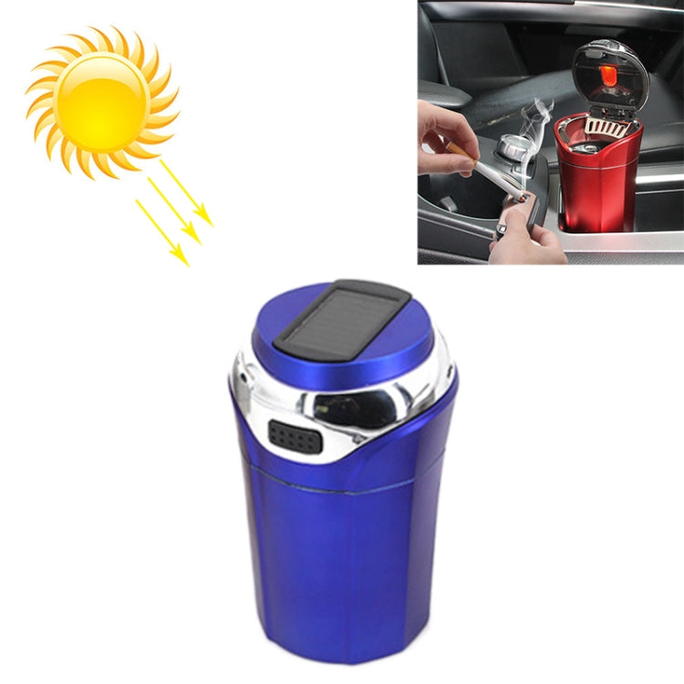 Blue car ashtray with solar panel lid, LED light, and cigarette lighter