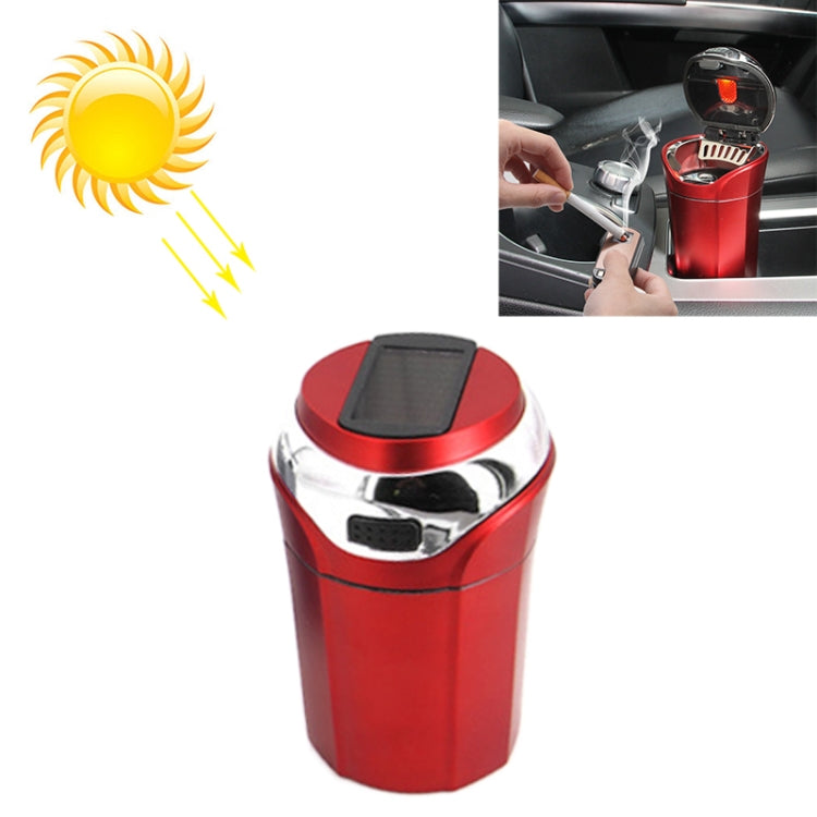 Red car ashtray with solar panel lid, LED light, and cigarette lighter