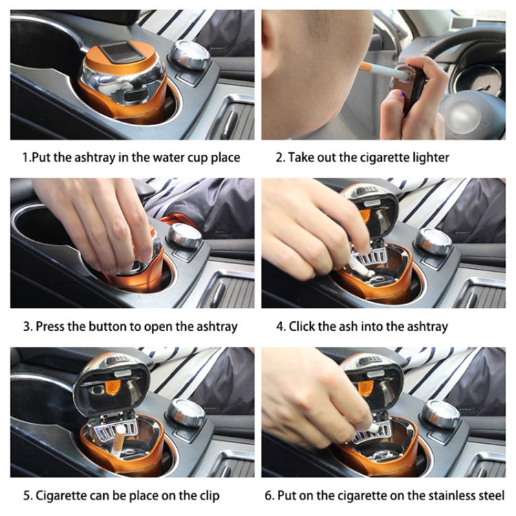 Car ashtray and cigarette lighter usage steps in console, showing open and loading parts