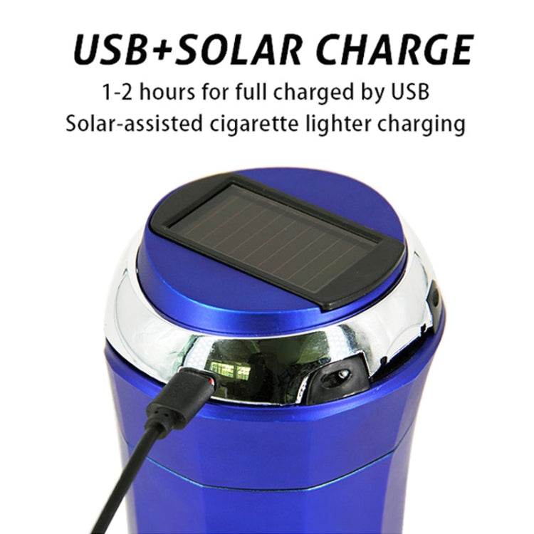 Blue car ashtray with solar panel on the lid and USB charging port