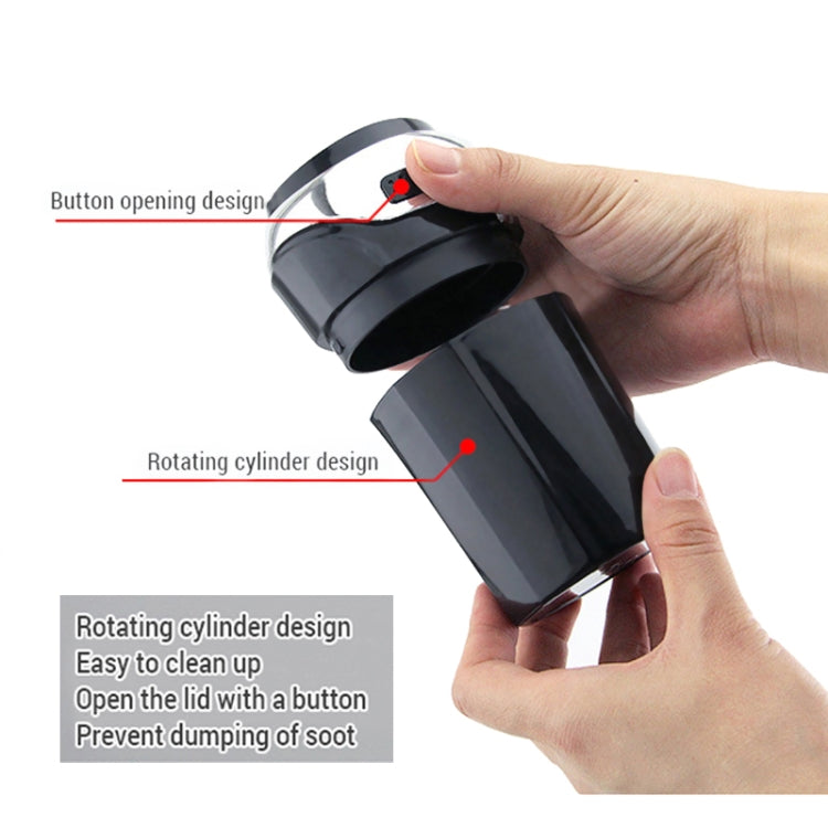 Black car ashtray with button-open lid and rotating cylindrical body