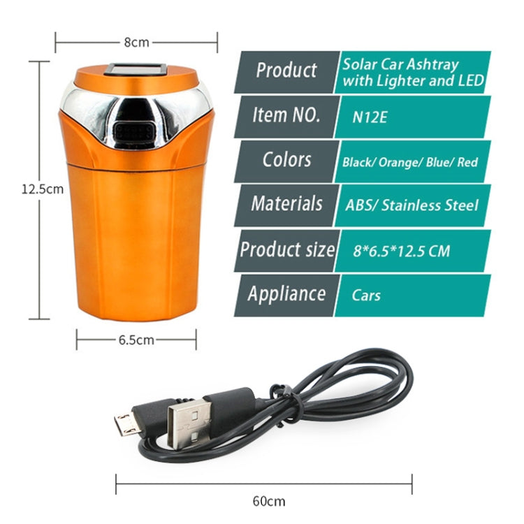 Orange car ashtray with solar lid and cigarette lighter, plus USB cable