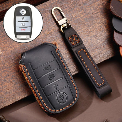 Black 4-button car key protective cowhide leather cover with key ring strap
