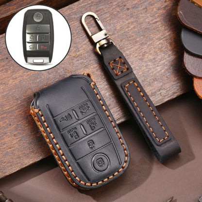 Black leather car key protective cover case with orange stitching and metal key ring