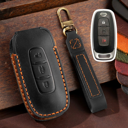 Cowhide leather 3-button key fob cover in black with orange edge stitching