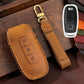 Brown leather key fob cover with tan stitching and key ring loop
