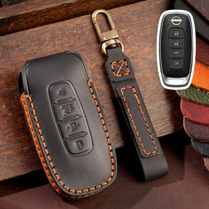 Leather 4-button car key fob protective cover, black with orange stitching and key ring
