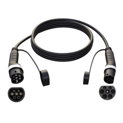 Black EV charging extension cable with Type 2 connectors on both ends.