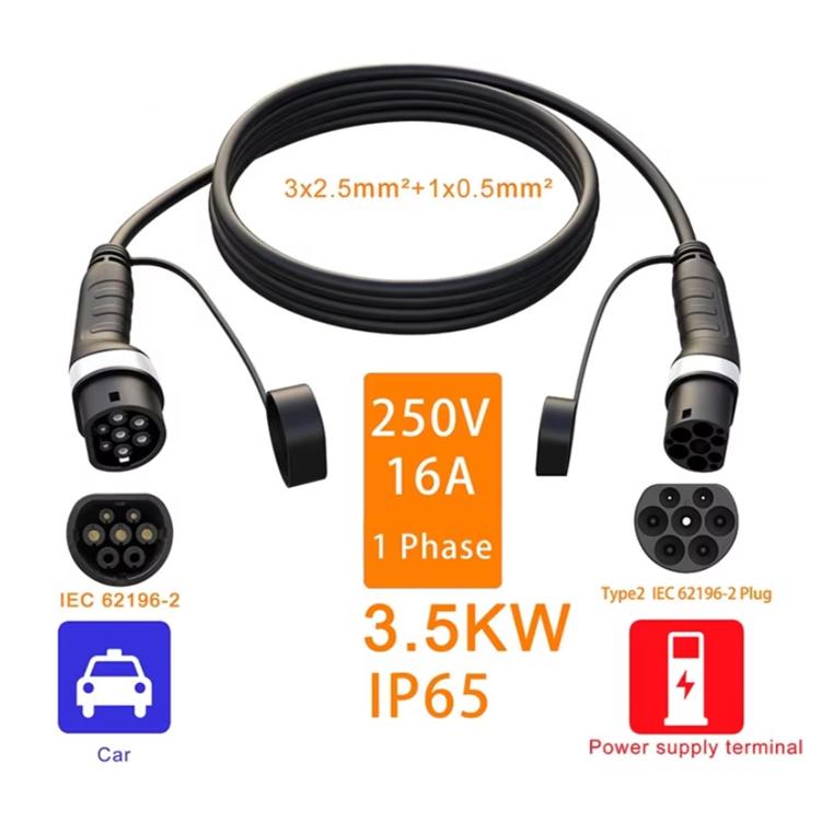 Black Type 2 EV charging cable, 250V 16A, dual connectors, coiled cord.