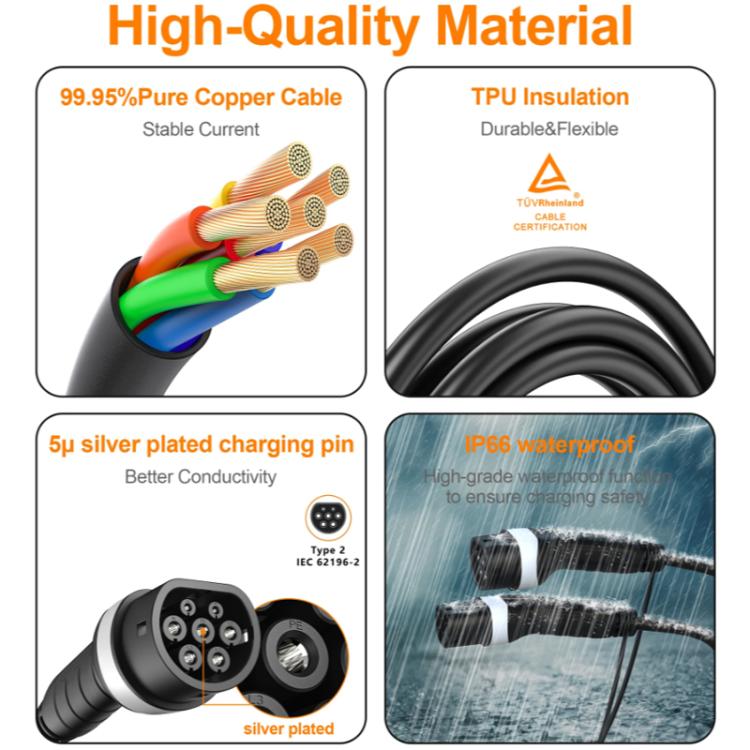 Black Type 2 EV charging cable with silver-plated pins and coiled TPU insulation.