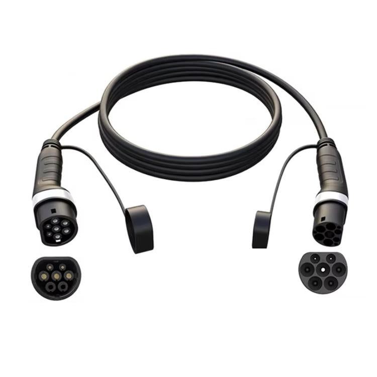 Black EV charging extension cable with Type 2 plug and socket ends