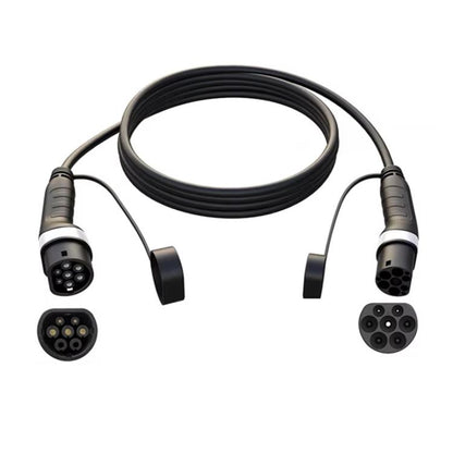 Black EV charging extension cable with Type 2 plug and socket ends