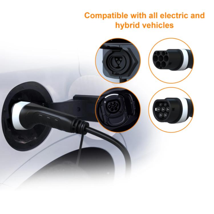 Black EV charging extension cable with Type 2 plug and inlet connectors