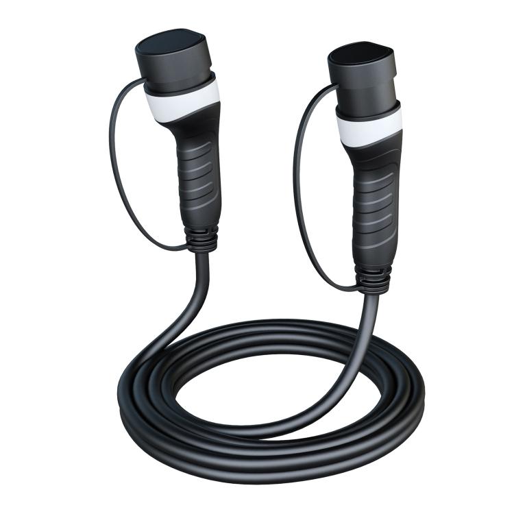 EV charging extension cable with two Type 2 connectors and coiled black cord
