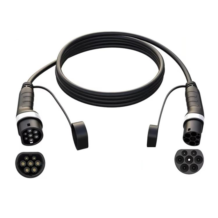 Electric vehicle charging extension cable with two Type 2 plug ends and black cable