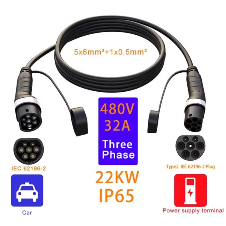Electric vehicle charging extension cable with Type 2 plugs, 480V 32A rating