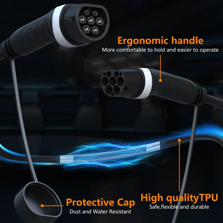Electric vehicle charging extension cable with Type 2 plug and protective cap detail