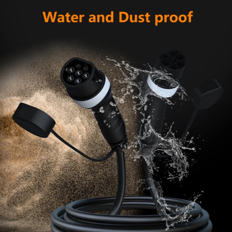 Electric vehicle charging extension cable with Type 2 plugs shown against water spray