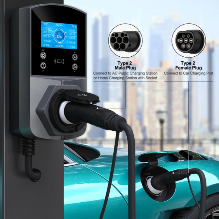 Electric vehicle charging extension cable connected to a charging station and vehicle