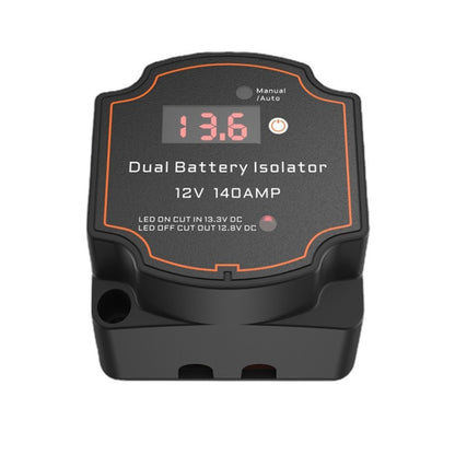 Dual battery isolator controller with digital voltmeter screen and orange LED lights
