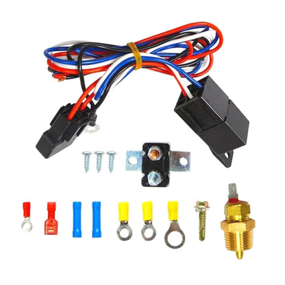 Car 12V cooling fan wiring harness kit with thermostat switch, terminals, and brass sensor parts