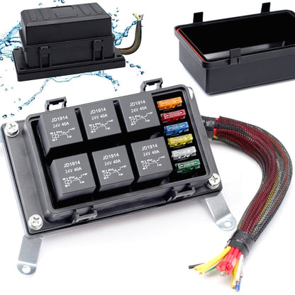 Waterproof relay/fuse box with 6 slots, open cover showing relays and wiring terminals