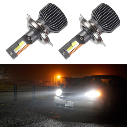 H4 LED headlight bulbs pair with black finned heatsinks and metal lamp bases