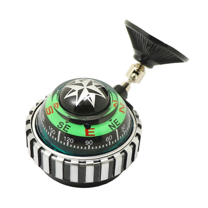 Car ball compass with green dial, star emblem, striped base, suction mount