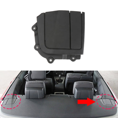Right-side convertible rear platform hinge cover, black ABS plastic piece with mounting tabs