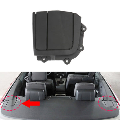 Left rear convertible platform hinge cover, black plastic with mounting tabs