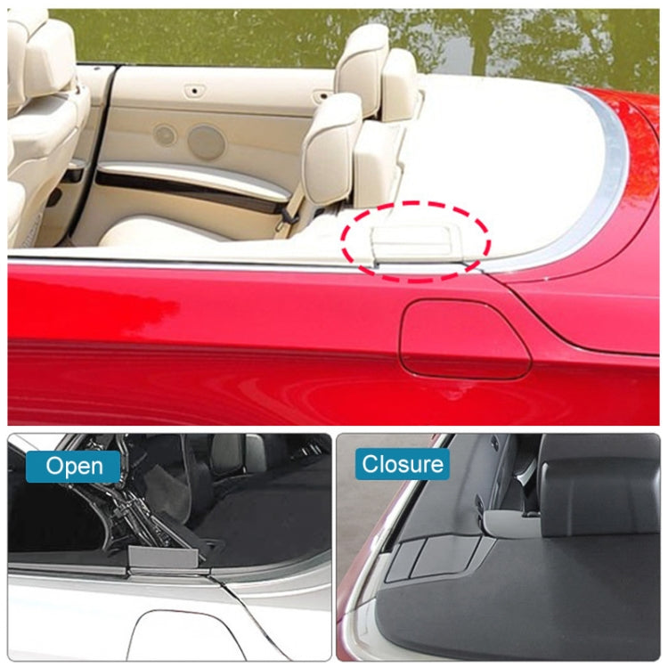 Convertible rear platform hinge cover shown open and closed on vehicle interior.
