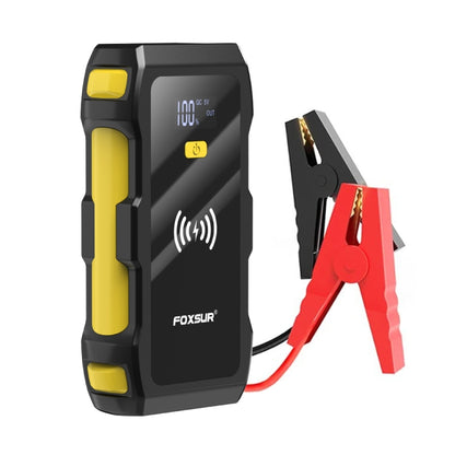 12V car jump starter power supply with wireless charging and red/black battery clamps