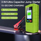 Green 12V jump starter with LCD, red clamp leads, and stand graphic