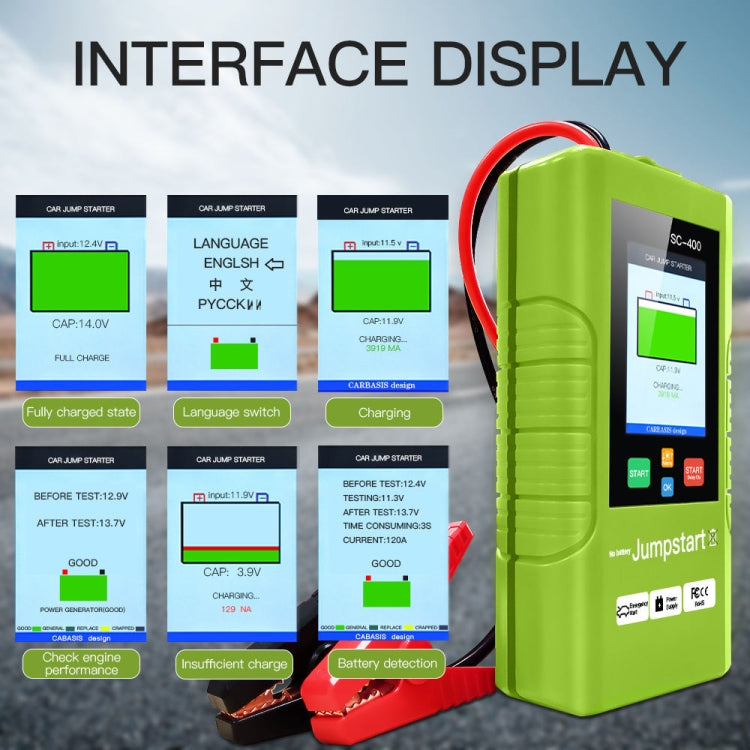 Green jump starter with interface display screen and red/black clamp cables