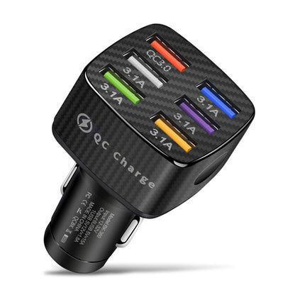 Black multi-USB car charger with colored QC port indicators and two side pins