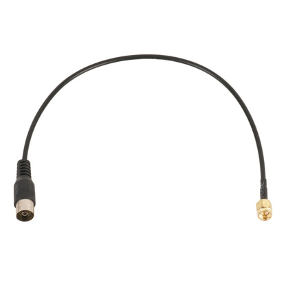 IEC female to SMA male TV antenna adapter cable, black with gold SMA connector.