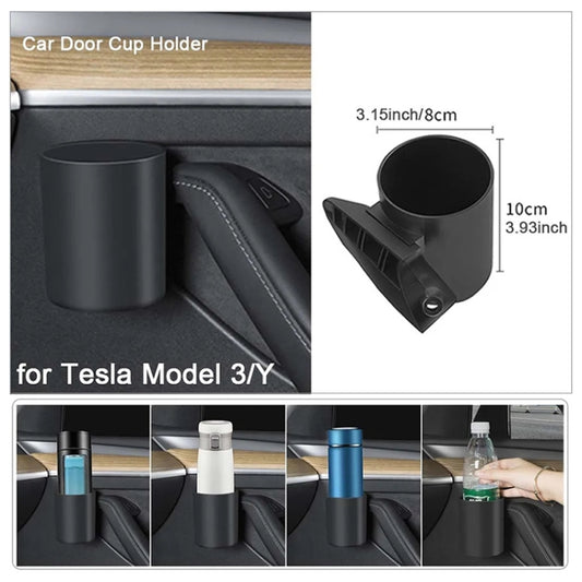 Car door cup holder set with two black cylindrical holders for side storage