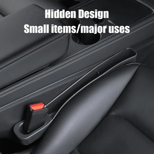 Black car seat gap storage boxes installed between rear seat cushions