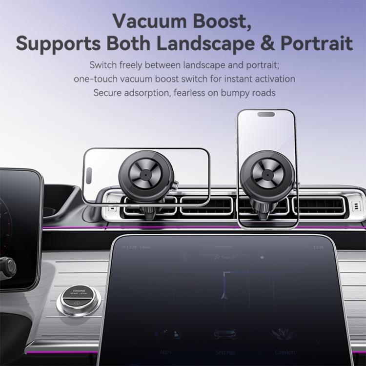 Car air vent magnetic phone holder with vent clamp, holding a smartphone in landscape.