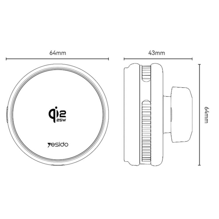 Yesido C326 15W magnetic car wireless charger holder size diagram, 64mm and 43mm