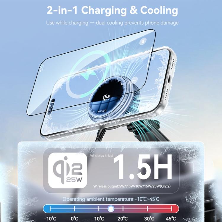 Wireless car charger holder with blue Qi2 module placed on a phone