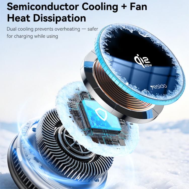 Black Qi2 wireless car charger with cooling fins and blue illuminated module