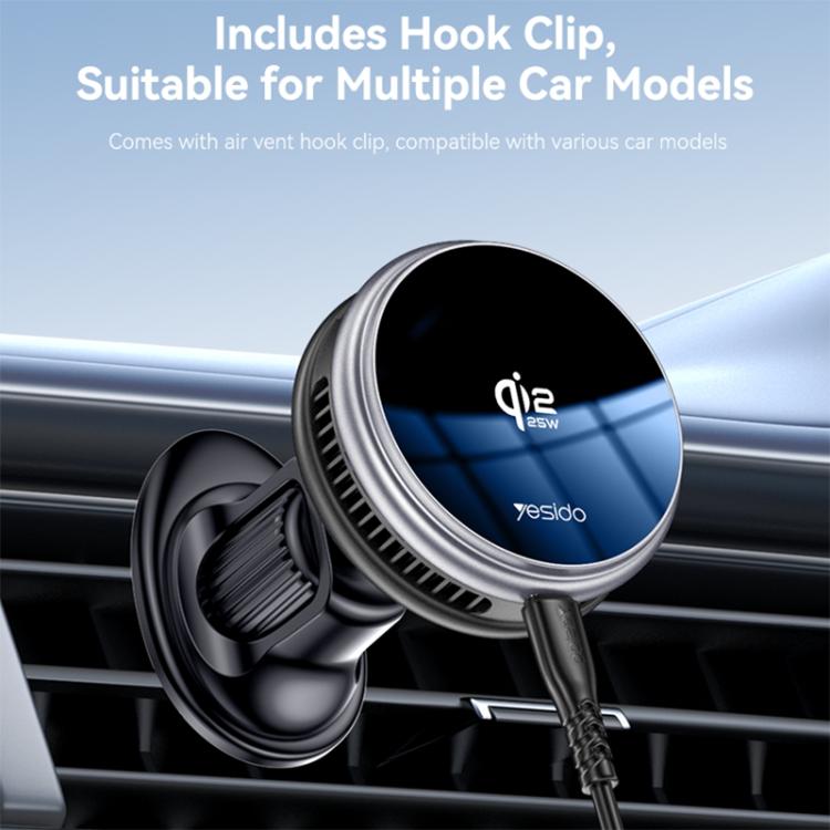 Black Qi2 wireless car charger holder with vent hook clip and connected cable
