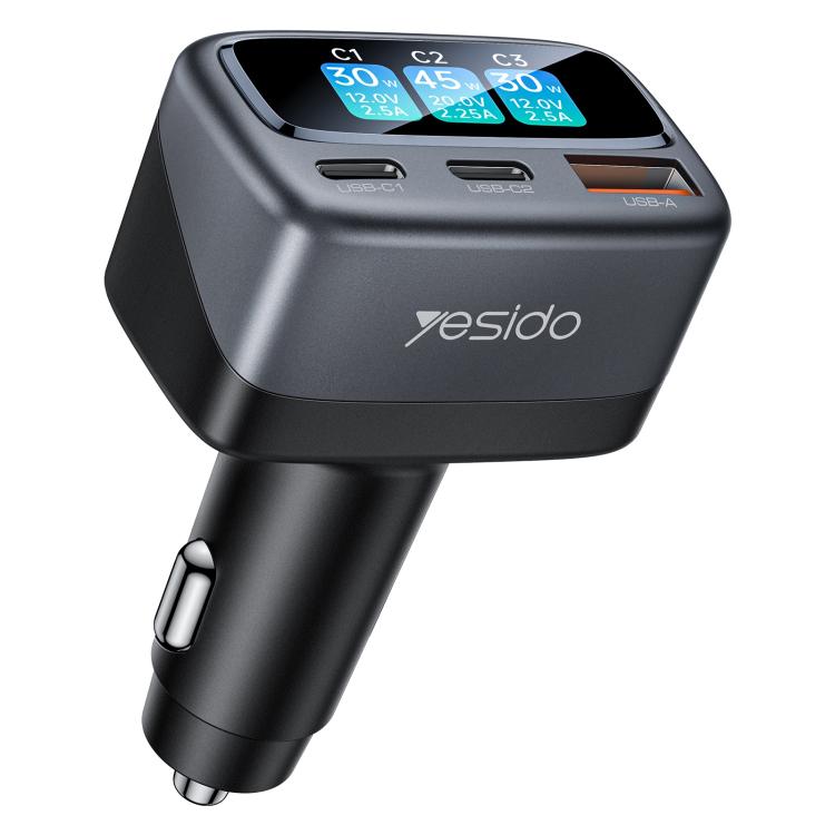 Yesido car charger with TFT color display, USB-C and USB-A ports, black