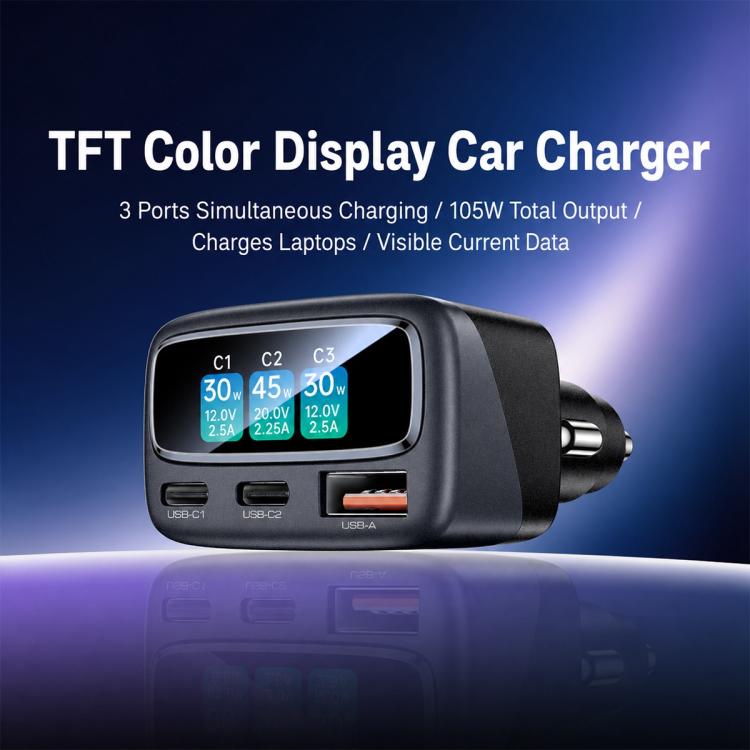 Black car charger with TFT color screen and three charging ports, front view