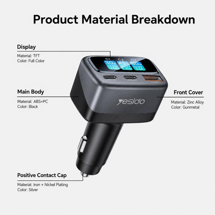 Yesido car charger with TFT display, black body, USB-A and two USB-C ports