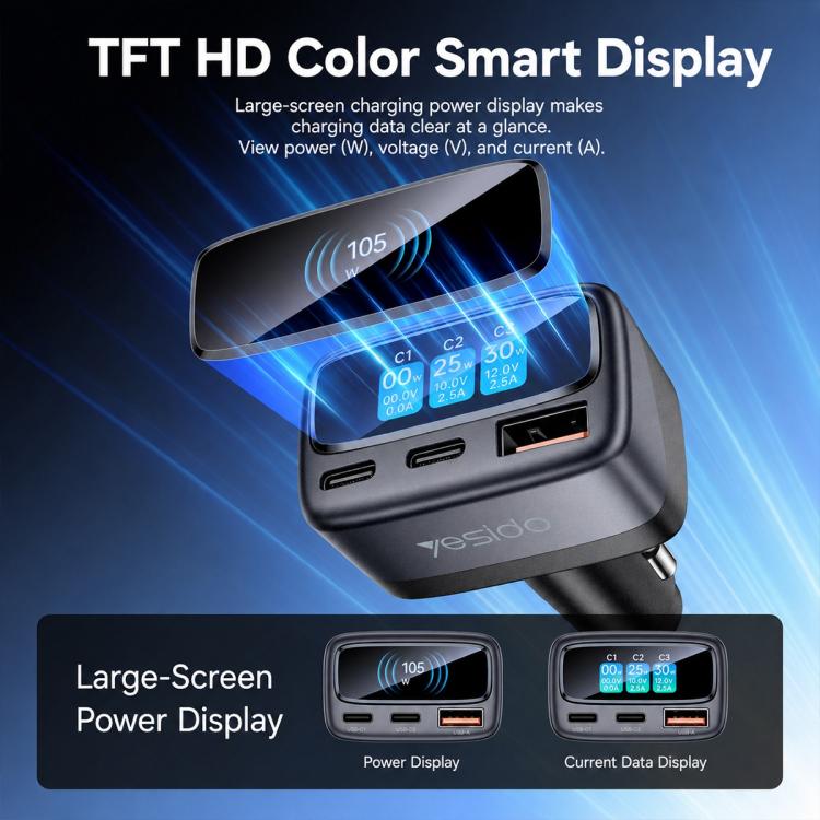 Car charger with HD TFT smart display and three ports, angled view, black