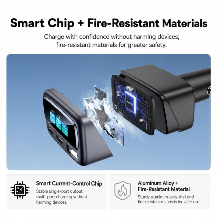 Black triple-port car charger with side cutaway showing internal circuitry