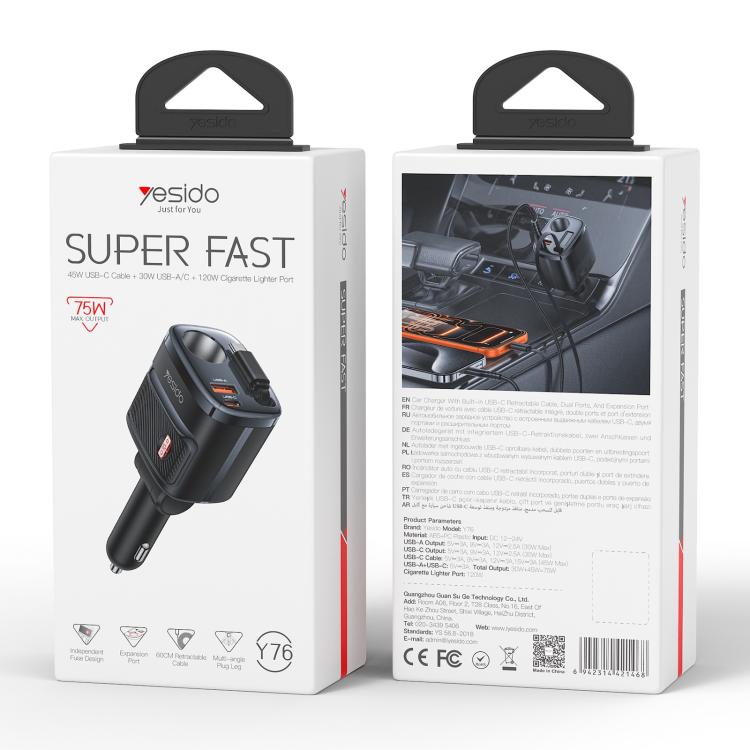 Yesido Y76 Cigarette Lighter Car Charger USB-A & Type-C Fast Charging Adapter with 60cm Type-C Retractable Cable