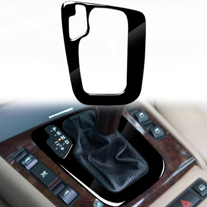 Black gear shift panel frame decorative sticker with white cutout window, left-drive